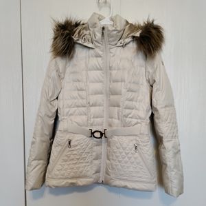 The North Face Women's Beige Puffer Jacket with Faux Fur Hood